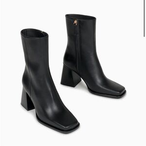 Black Square-Toe Block Heel Ankle Boots